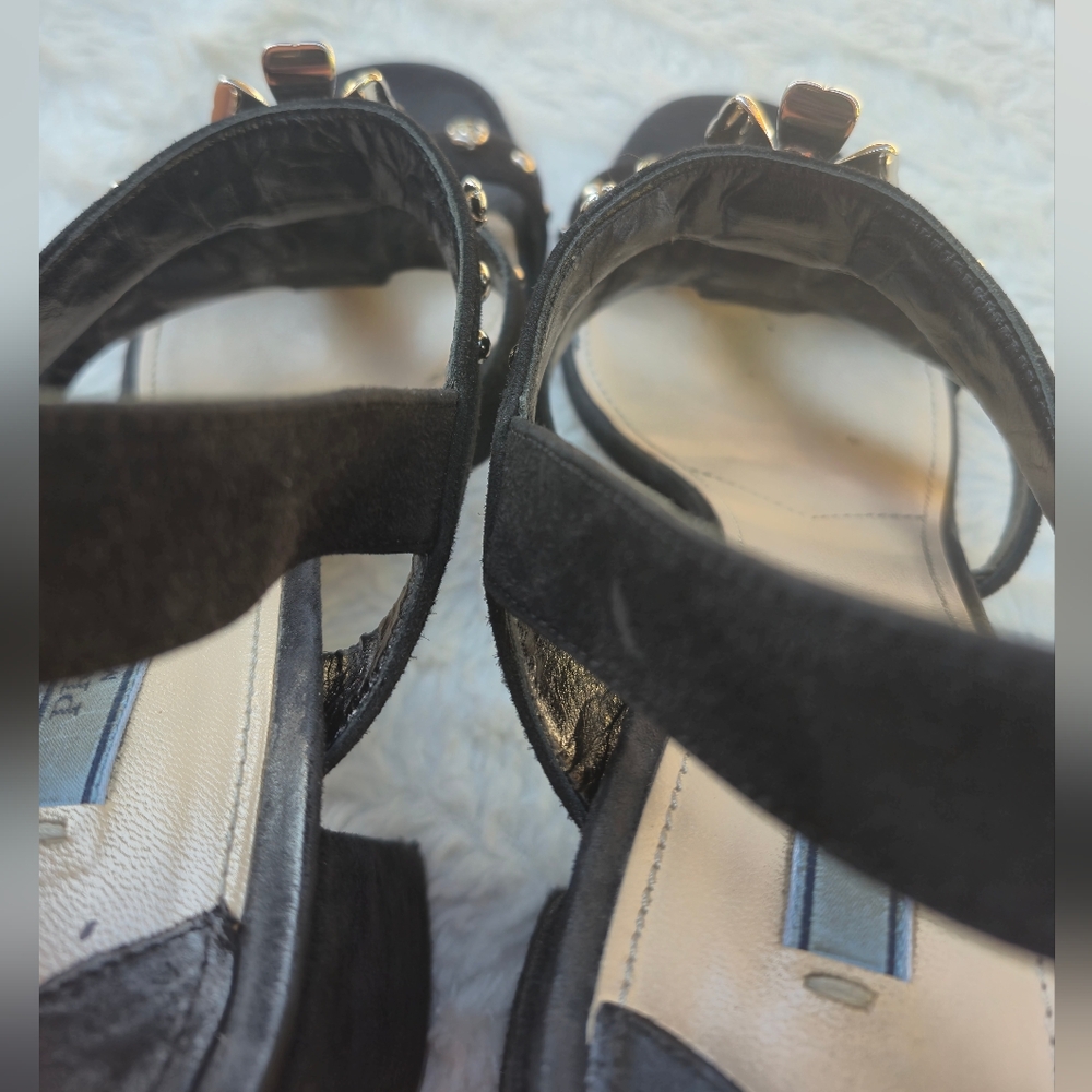 Prada Black Suede Multi-Strap Heels with Crystal Flower Accents - Picture 10 of 11